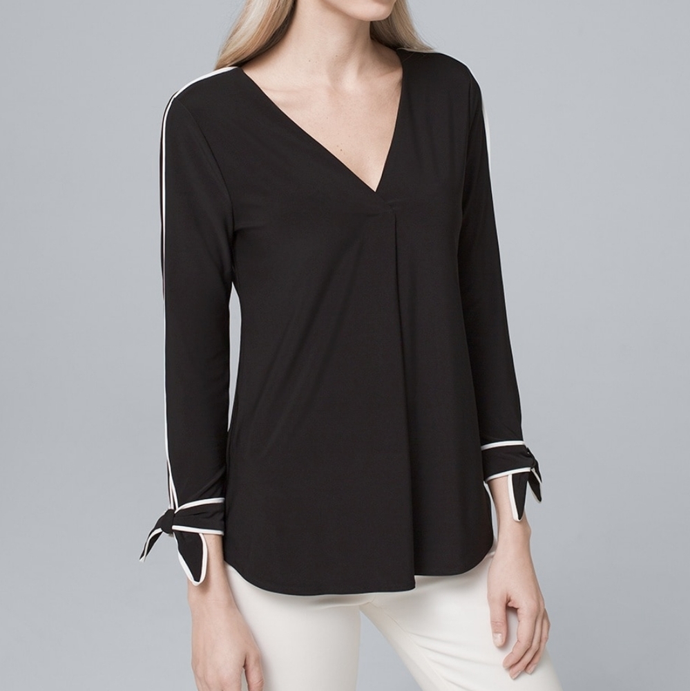 White House Black Market Tie 3/4 Sleeve Black White Contrast Blouse, Medium